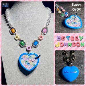 NWT Betsey Johnson Heart Shaped Cereal Bowl Pendant Necklace Faux Pearl Spoon